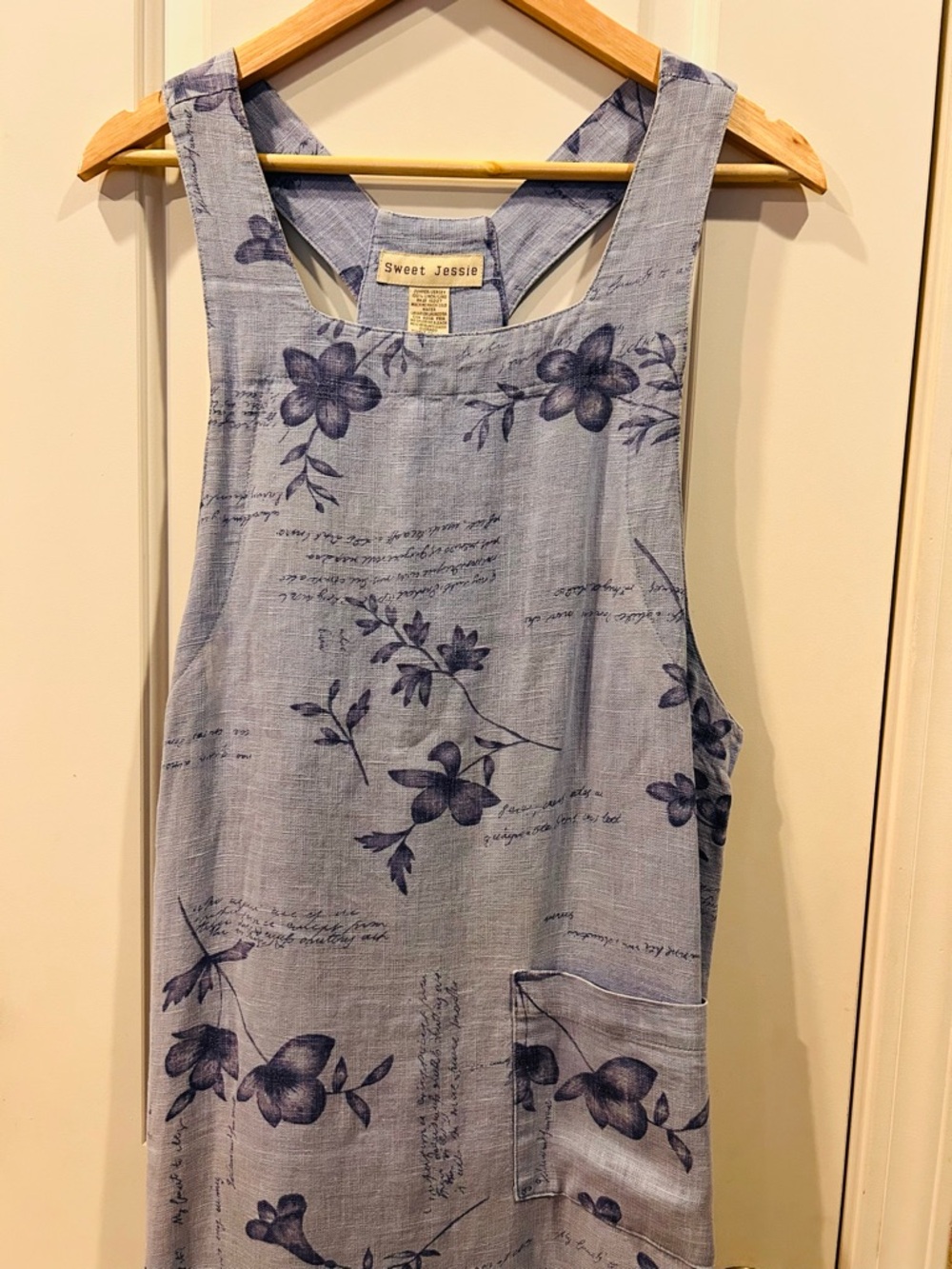 100% Linen Maxi Jumper Dress Light Blue Floral Scoop-Neck - Picture 5 of 9